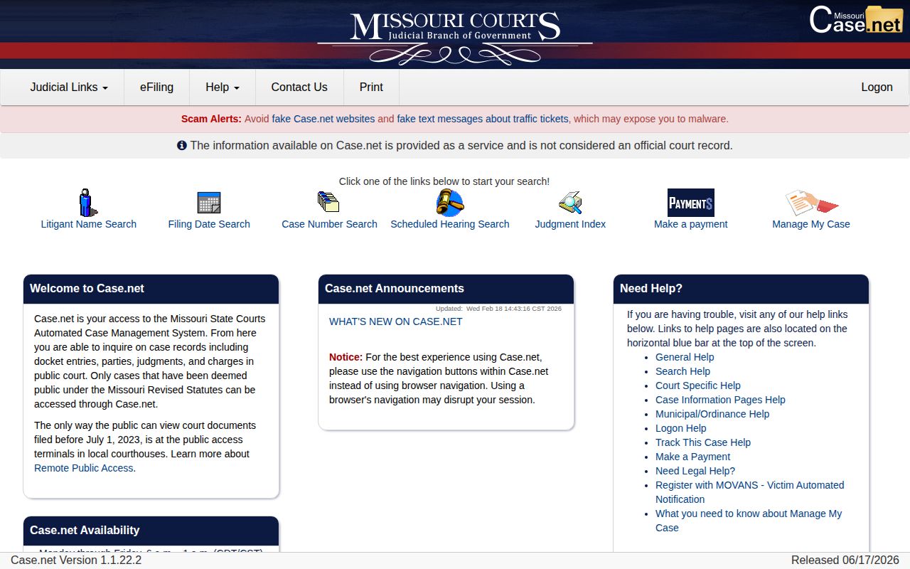 Missouri Case.net search for Montgomery County release disposition
