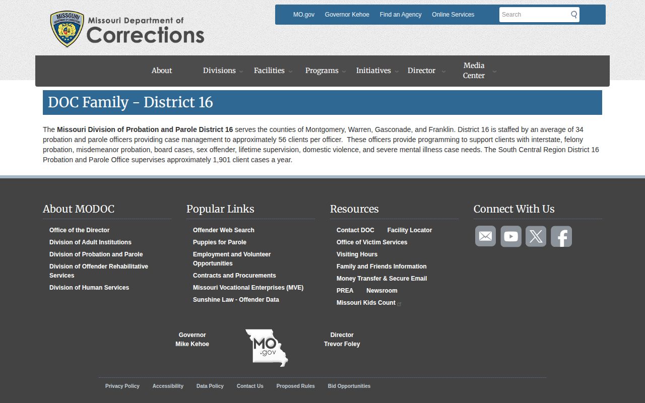 Missouri DOC District 16 page serving Montgomery County